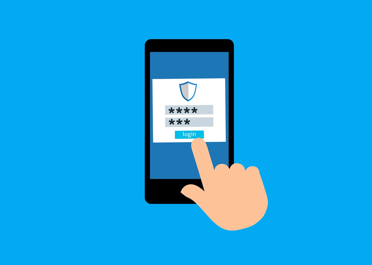 Person tapping login button on smartphone with password security shield.